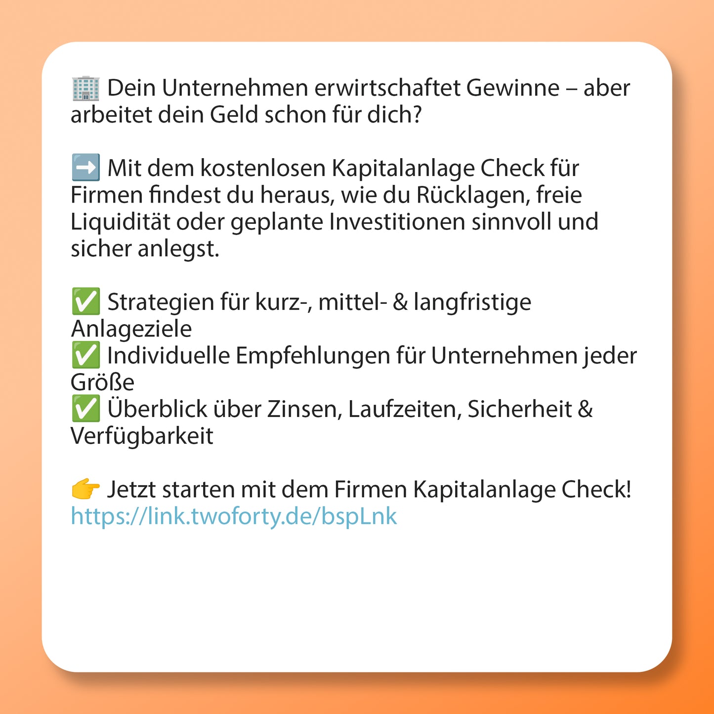 Firmen Kapitalanlage Check, Postvorlage für Social Media