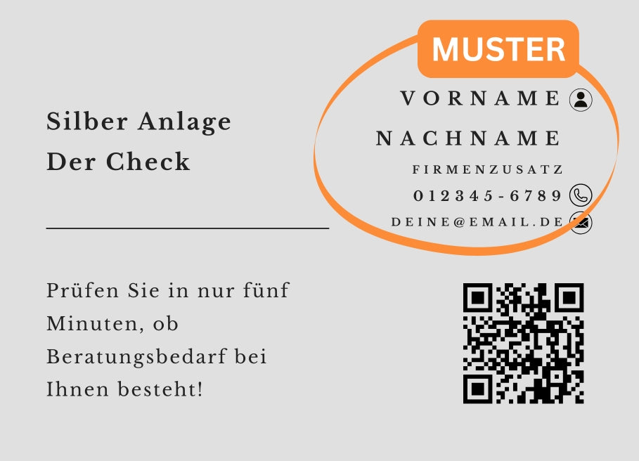 Kapitalanlage in Silber - Der Check - Postkarten mit Deinem QR-Code