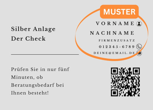 Kapitalanlage in Silber - Der Check - Postkarten mit Deinem QR-Code