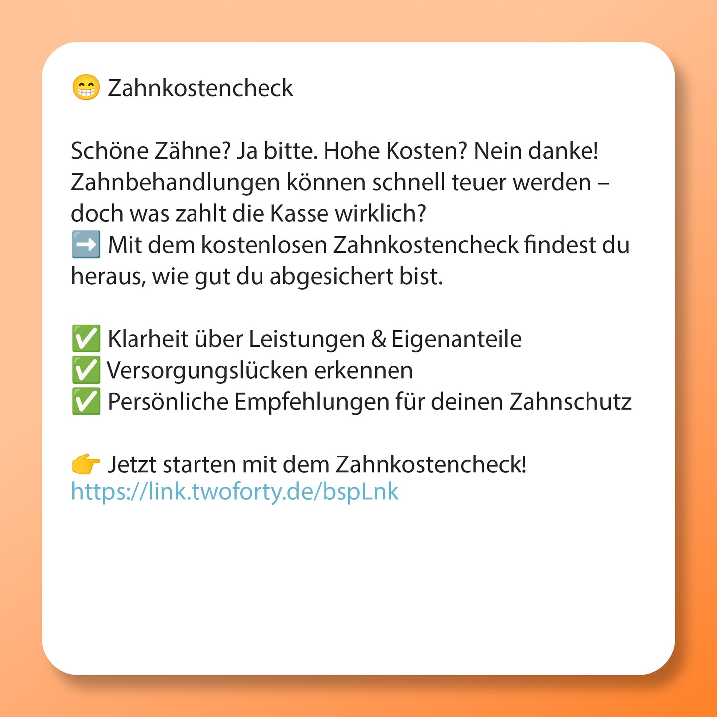 Zahnkosten-Check Postvorlage für Social Media